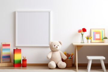 Large Blank Square White Framed Poster Mockup on Kid Playing Room Wall, Modern Minimalist Interior Design Style, Cozy Decoration. Generative AI