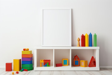 Large Blank Vertical White Framed Poster Mockup on Kid Playing Room Wall, Modern Minimalist Interior Design Style, Cozy Decoration. Generative AI