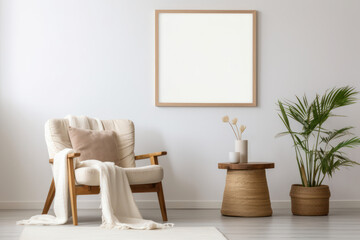 Large Blank Square White Framed Poster Mockup on Living Room Wall, Modern Minimalist Interior Design Style, Cozy Decoration. Generative AI