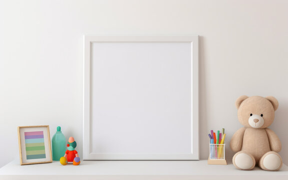 Large Blank Square White Framed Poster Mockup on Kid Playing Desk, Modern Minimalist Interior Design Style, Cozy Decoration. Generative AI