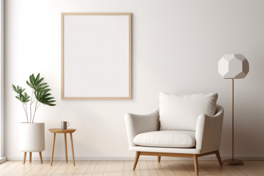 Large Blank Vertical White Framed Poster Mockup on Living Room Wall, Modern Minimalist Interior Design Style, Cozy Decoration. Generative AI