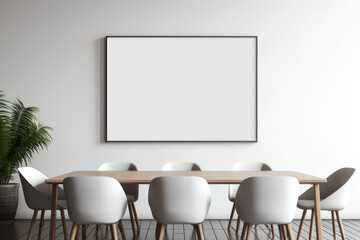 Large Blank Horizontal White Framed Poster Mockup on Office Meeting Room Wall, Modern Minimalist Interior Design Style, Cozy Decoration. Generative AI