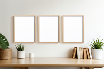 Fototapeta na wymiar Close up Three Small Blank Vertical White Framed Poster Mockup on Office Room Wall, Modern Minimalist Interior Design Style, Cozy Decoration. Generative AI