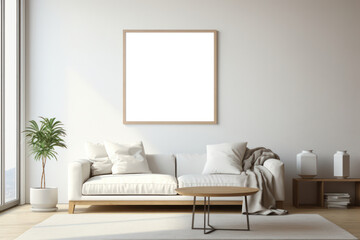Large Blank Square White Framed Poster Mockup on Living Room Wall, Modern Minimalist Interior Design Style, Cozy Decoration. Generative AI