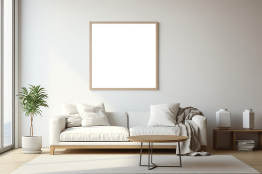 Large Blank Square White Framed Poster Mockup on Living Room Wall, Modern Minimalist Interior Design Style, Cozy Decoration. Generative AI © BussarinK