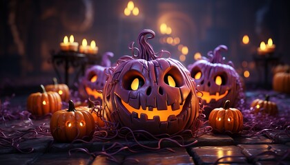 Group of 3D illustration glowing pumpkin on treat or trick fantasy fun party celebration purple background design