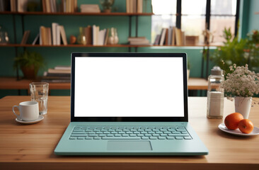 Fototapeta premium Minimalist Workspace Setup, Blank Screen Laptop Display Mockup on Cozy Desk, Perfect for Showcasing Apps and Websites. Generative AI