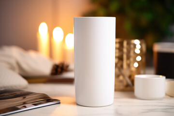 Blank White Mug Mockup, Empty Drinkware Template for Custom Design Display on Cozy Christmas Background. Generative AI