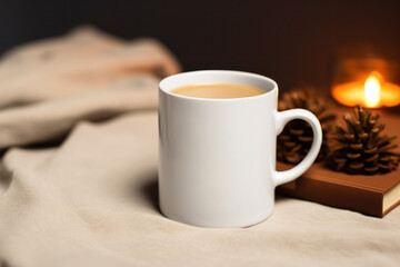Minimalist Blank White Ceramic Mug Mockup on Cozy Christmas Background, Empty Coffee Mug. Generative AI