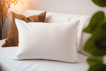 Fototapeta na wymiar Close-up Minimalist White Blank Pillow Mockup, Empty Cushion on Couch, Cozy Vibes. Generative AI