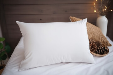 Close-up Minimalist White Blank Pillow Mockup, Empty Cushion, Cozy Bedroom Vibes for Stylish Home Decor. Generative AI
