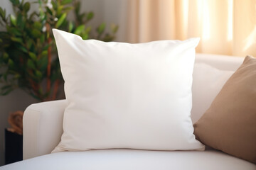 Close-up Minimalist White Blank Pillow Mockup on Sofa, Empty Cushion, Cozy Living room Vibes for Stylish Home Decor. Generative AI