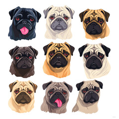 Set of 9 pug dog faces or heads illustration isolated on transparent background. Digital illustration generative AI.