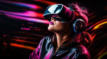 Woman wearing virtual reality headset goggles