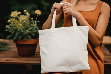 Woman Hand Holding Blank White Tote Bag Mockup with Cozy Background for Fashion Presentation and Product Display, Empty Eco Cotton Grocery Shopping Bag Template. Generative AI