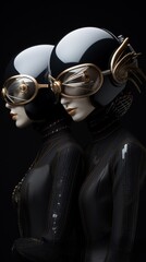 Two women in a futuristic astronaut fashion style 