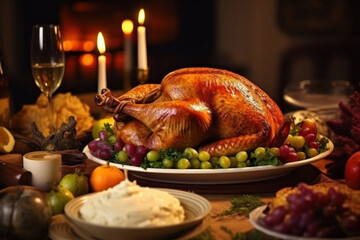 Holiday Feast: Festive Christmas and Thanksgiving Dinner with Roast Turkey and Vegetables. Generative AI