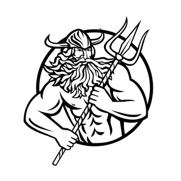 Mascot illustration of Aegir, Hler or Gymir God of the sea in Norse mythology with trident viewed from front set inside circle on isolated background in retro style.