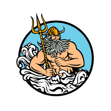 Mascot illustration of Aegir, Hler or Gymir God of the sea in Norse mythology with trident and waves splashing viewed from front set inside circle on isolated background in retro style.