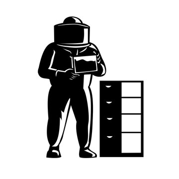 recommend clip art: Retro style illustration of beekeeper wearing bee suit and beehive viewed from front done in woodcut style.