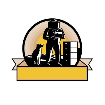 recommend clip art: Retro style illustration of beekeeper wearing bee suit with border collie dog sitting and beehive with mountains inside circle with banner scroll in color.