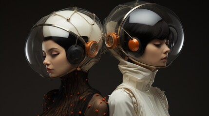 Two female in a futuristic astronaut fashion style