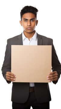 A man in a suit holding a blank sign. Digital image. Plackard mockup.