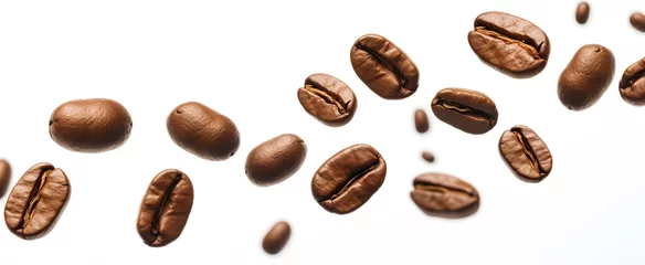 Fotobehang Coffee beans in flight on white background. Flying coffee grains. Applicable for cafe advertising, package, menu design. digital ai © Viks_jin