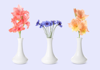 Collage of stylish vase with different bouquets on light grey background