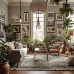 Fototapeta na wymiar Modern living room with plants. Generative AI