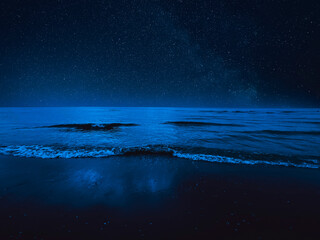 Sea waves rolling onto sandy beach under starry sky at night - obrazy, fototapety, plakaty