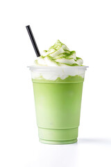Green tea frappucino with whipped cream in a takeaway cup isolated on white background