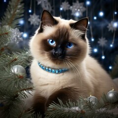 Siamese cat next to Christmas tree