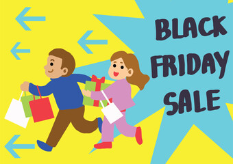 Man and women running to shopping on Black Friday sale cartoon style.