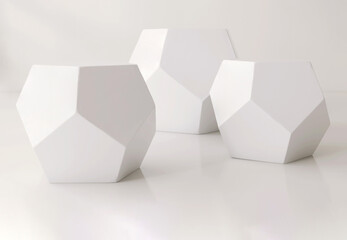 Three modern glossy white geometric shape podium table, pentagon side, studio light on counter, wall for luxury fashion, beauty, cosmetic, skincare, jewelry design product display background 3D