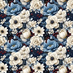 Seamless pattern with white anemones and red berries on dark blue background. Vector illustration. Tile