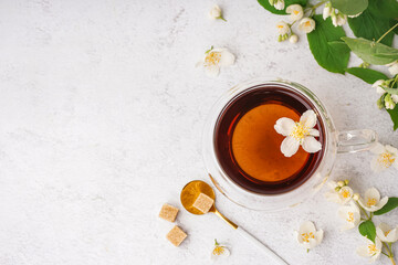 Glass cup of tea, sugar and beautiful jasmine flowers on light background