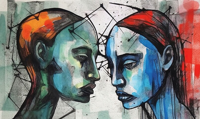 a modern painting of two sad faces in blue paint