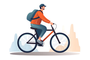 a man in an orange jacket and a backpack riding a bike