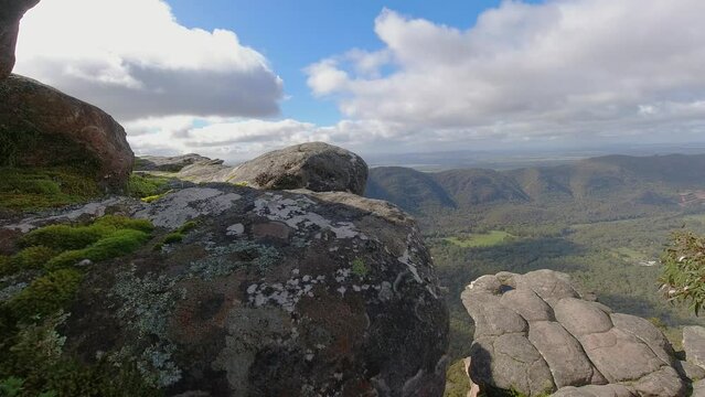 Timelapse Footage (4k) Panorama from a mountain of Grampians National Park (Gariwerd) views of Halls Gap and Surrounding Rock and Mountain Formation, Victoria, Australia