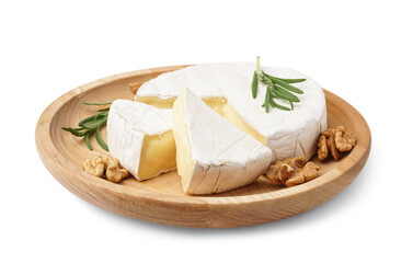 Plate with pieces of tasty Camembert cheese on white background