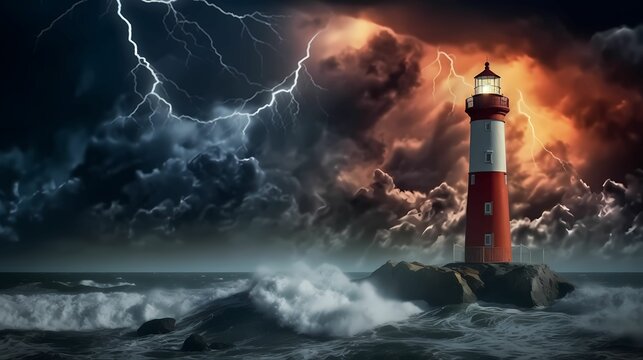 Lighthouse in the middle of a storm on the sea with lightning in the dark sky