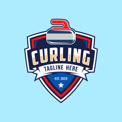 Logo for curling sport team. Curling sport with stone, competition badge and label, vector illustration
