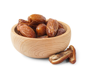 Bowl with dried dates on white background