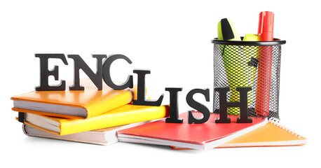 Word ENGLISH with stationery isolated on white background