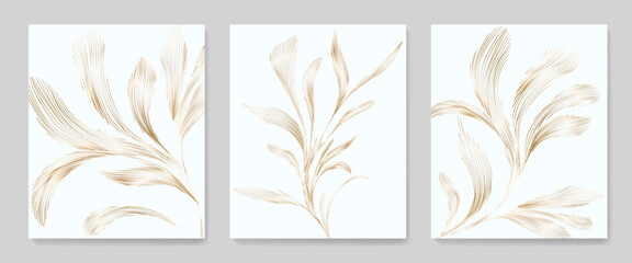 Luxury botanical abstract art background with golden leaves hand drawn in line style. Vector set for decoration design, print, textile, poster, wallpaper, interior design. - 626423312