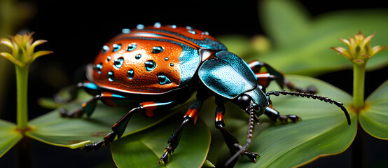 a close up of a beetle on top of a plant - obrazy, fototapety, plakaty