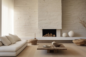 Trendy minimalistic japandi modern interior living room in beige tones.