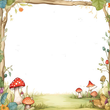 a photo frame surrounded by mushrooms and flowers