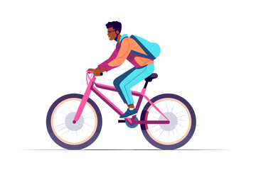 Fototapeta na wymiar man with backpack riding on pink bike minimal cartoon style